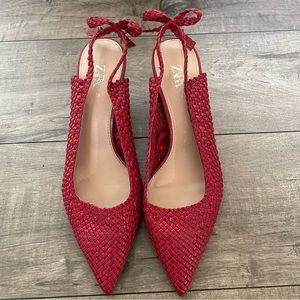 Zara Red Woven Slingback Kitten Heels with Bows Sz 7.5 - 38 NWOB